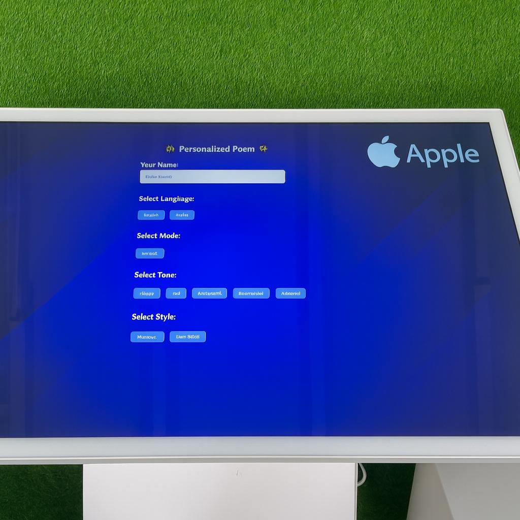 Young Emirati guest using AI Poem Generator kiosk in Dubai, creating personalized Arabic or English poem with instant printout and event branding